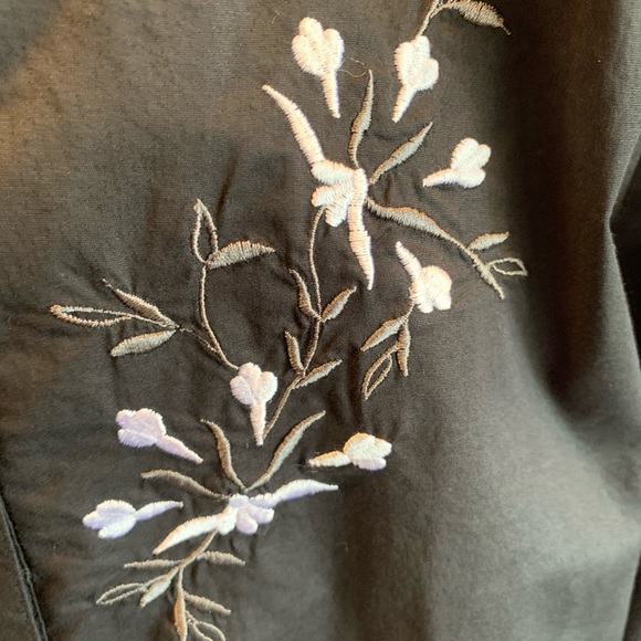 Denim & Co. Shirt Black Cotton with Embroidered Flowers Peasant Button-Up - Picture 2 of 7